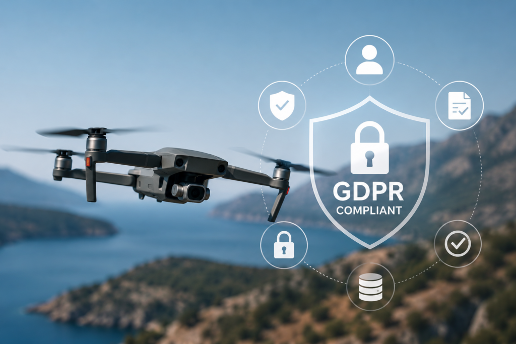 A drone flying over a digital data environment, symbolizing personal data protection and GDPR compliance.